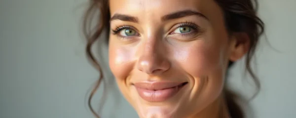 Visage féminin avec contours définis, pommettes structurées, ovale resculpté, reflets naturels, expression reposée et rajeunis