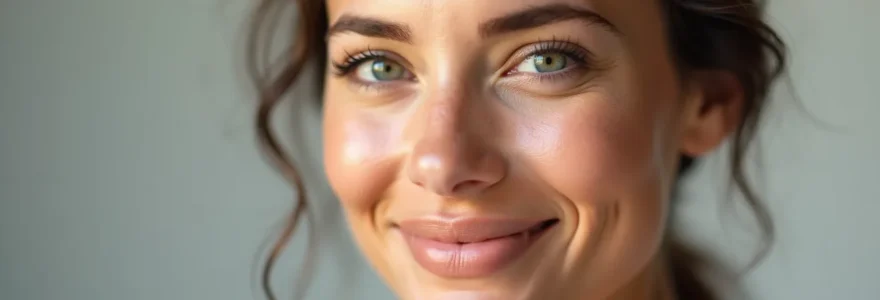 Visage féminin avec contours définis, pommettes structurées, ovale resculpté, reflets naturels, expression reposée et rajeunis