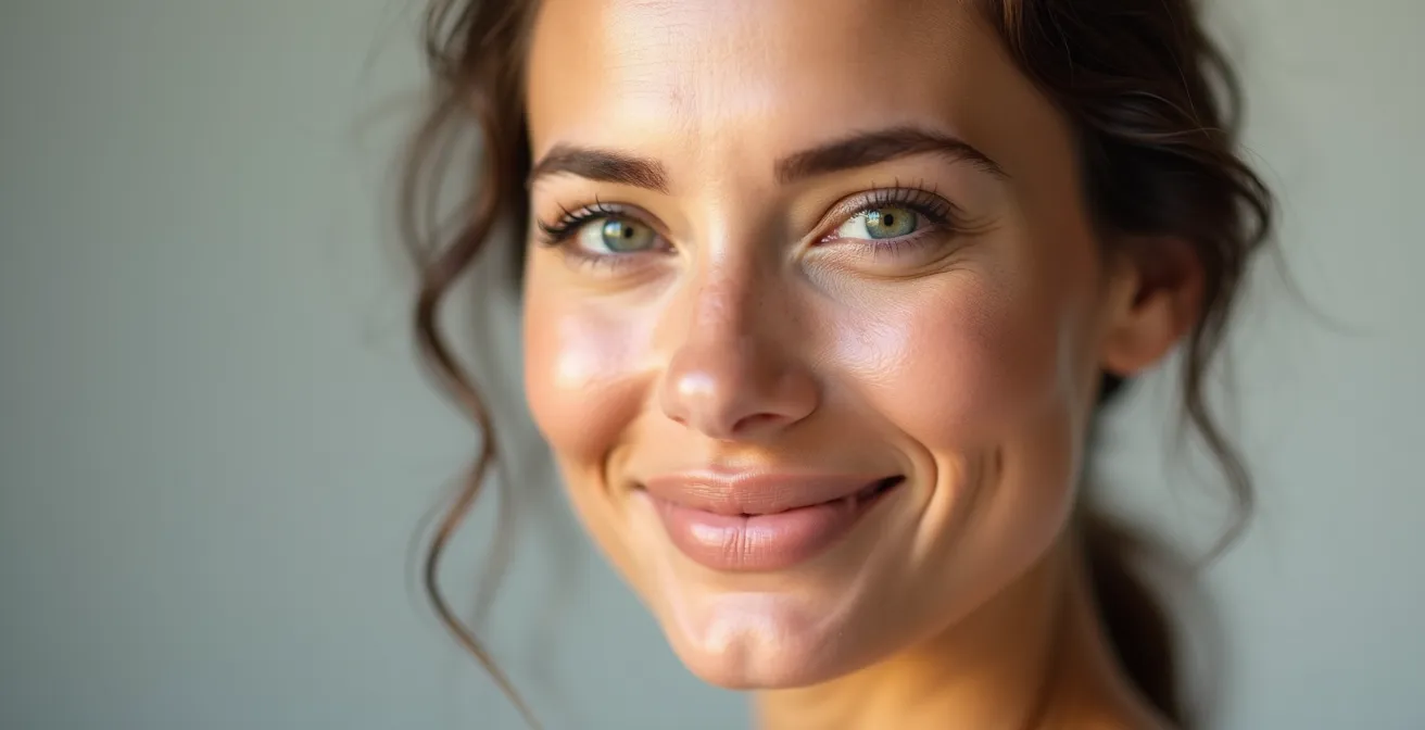 Visage féminin avec contours définis, pommettes structurées, ovale resculpté, reflets naturels, expression reposée et rajeunis