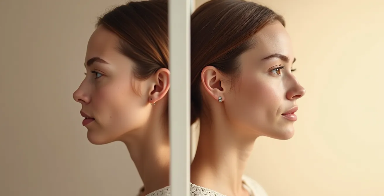 Progression visuelle avant/après montrant l'amélioration progressive de la structure faciale, définition osseuse, restauration volumétrique, et affinement naturel de la texture