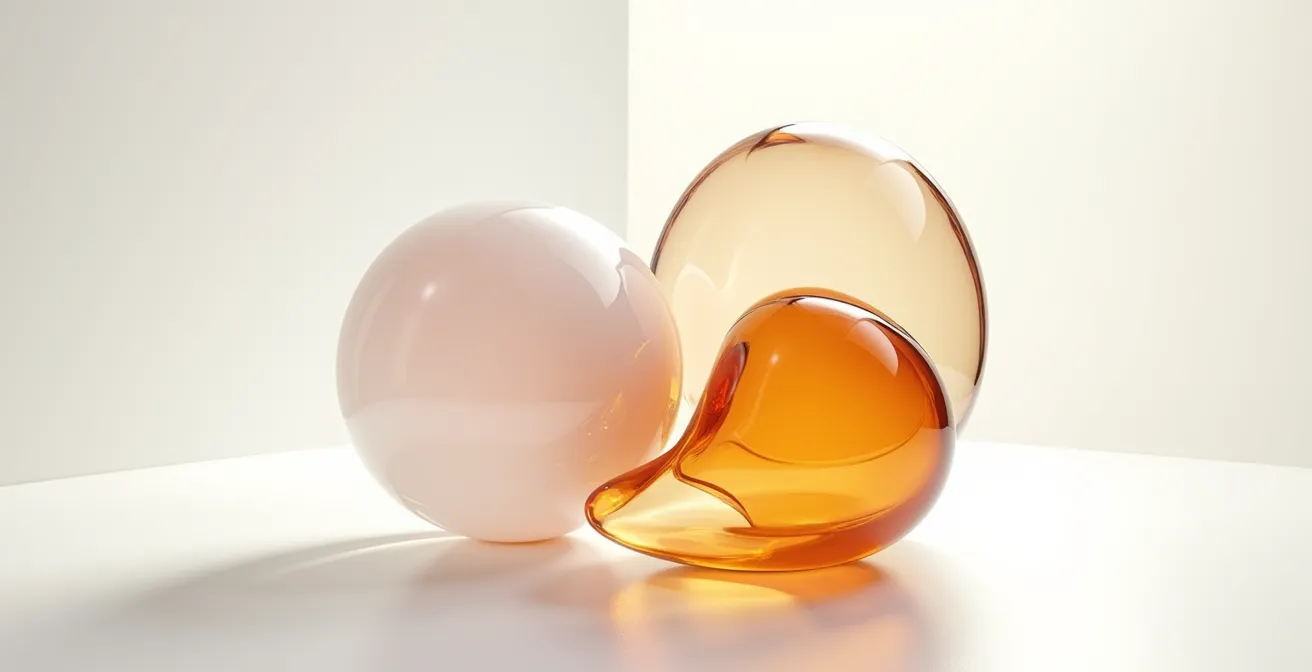 Trois sphères iridescentes entrelacées représentant les trois piliers du vieillissement facial, sans texte, en environnement minimaliste blanc