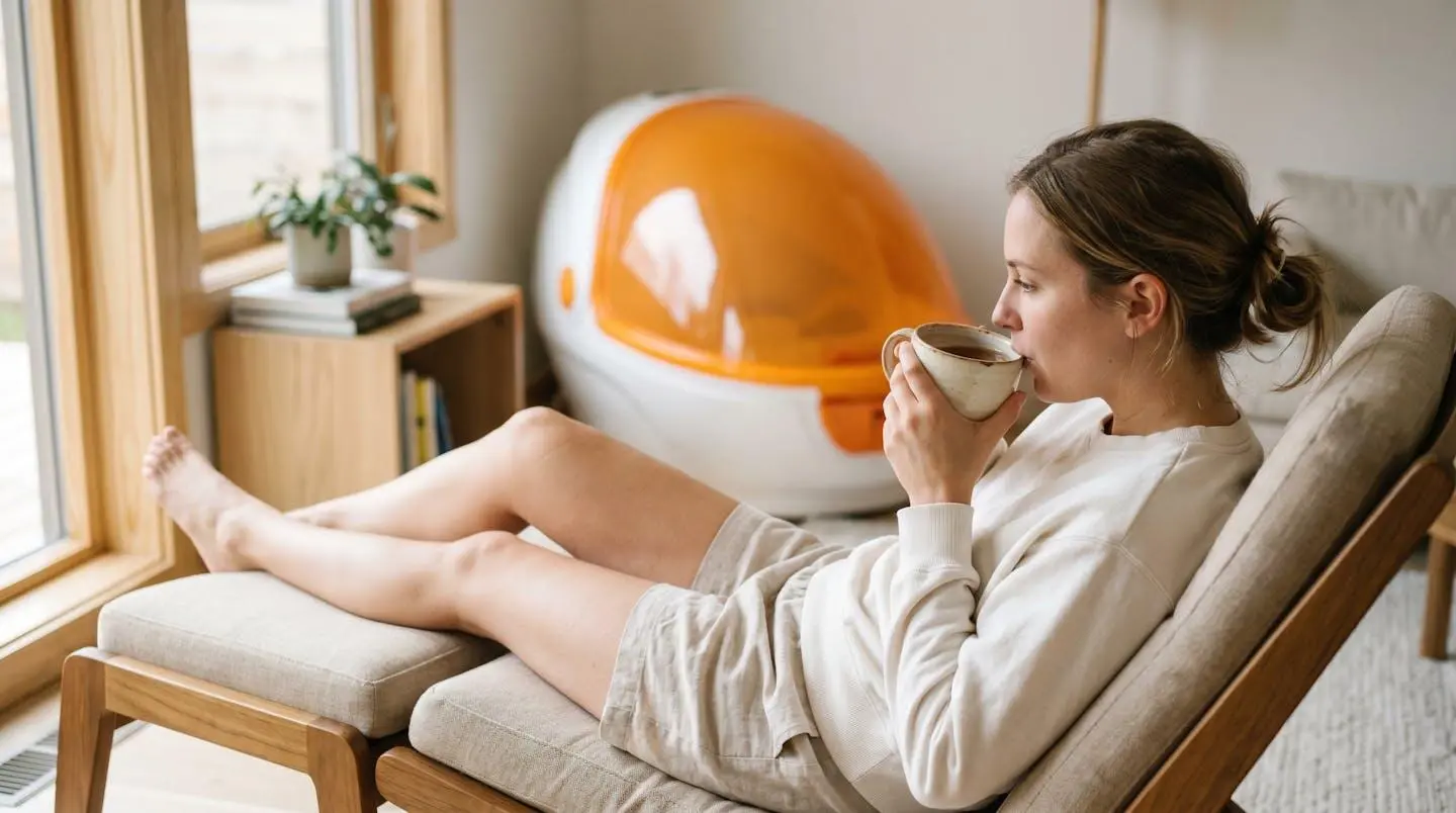 Personne allongée sur une chaise longue, buvant une tisane, près d'une capsule d'infrathérapie lumineuse en arrière-plan flou