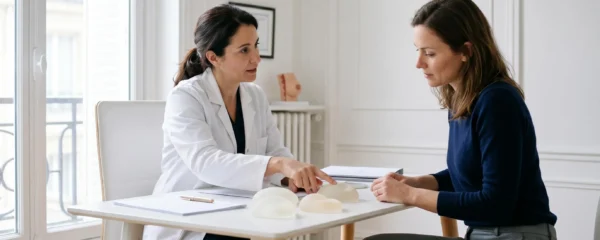 Consultation pré-opératoire en chirurgie mammaire : chirurgien présentant échantillons de prothèses silicone à patiente dans cabinet médical parisien moderne