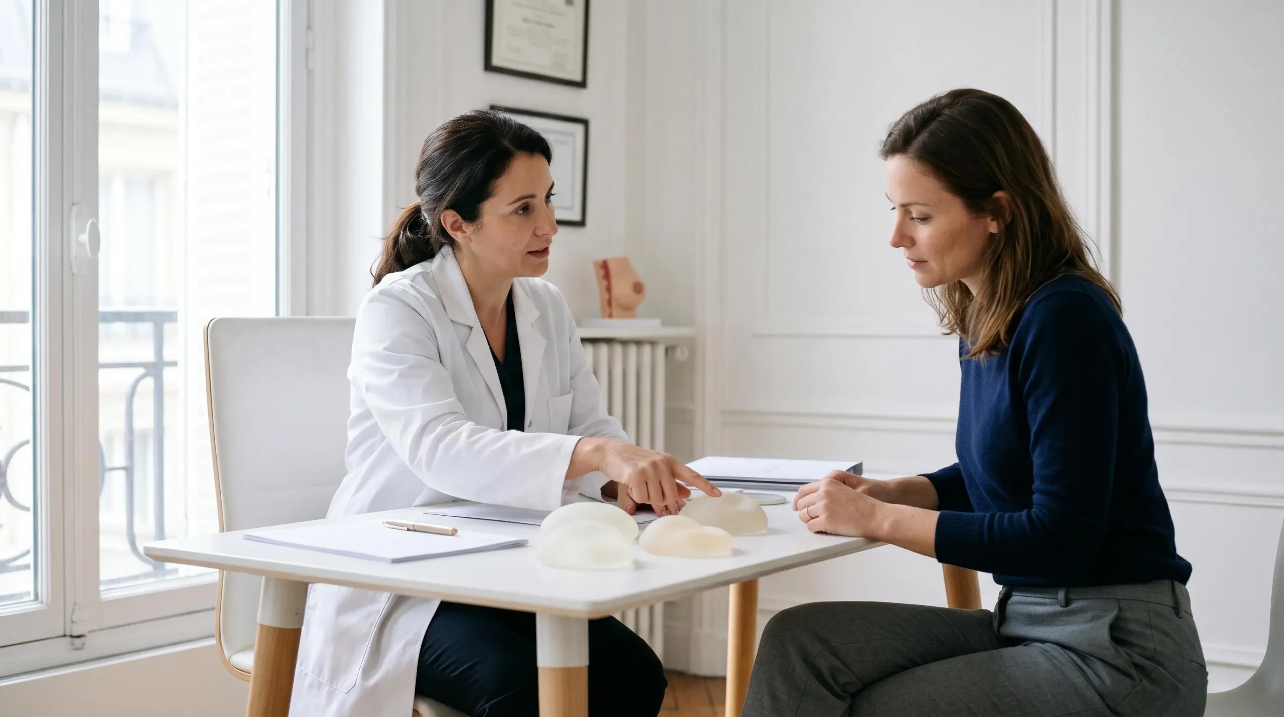 Consultation pré-opératoire en chirurgie mammaire : chirurgien présentant échantillons de prothèses silicone à patiente dans cabinet médical parisien moderne