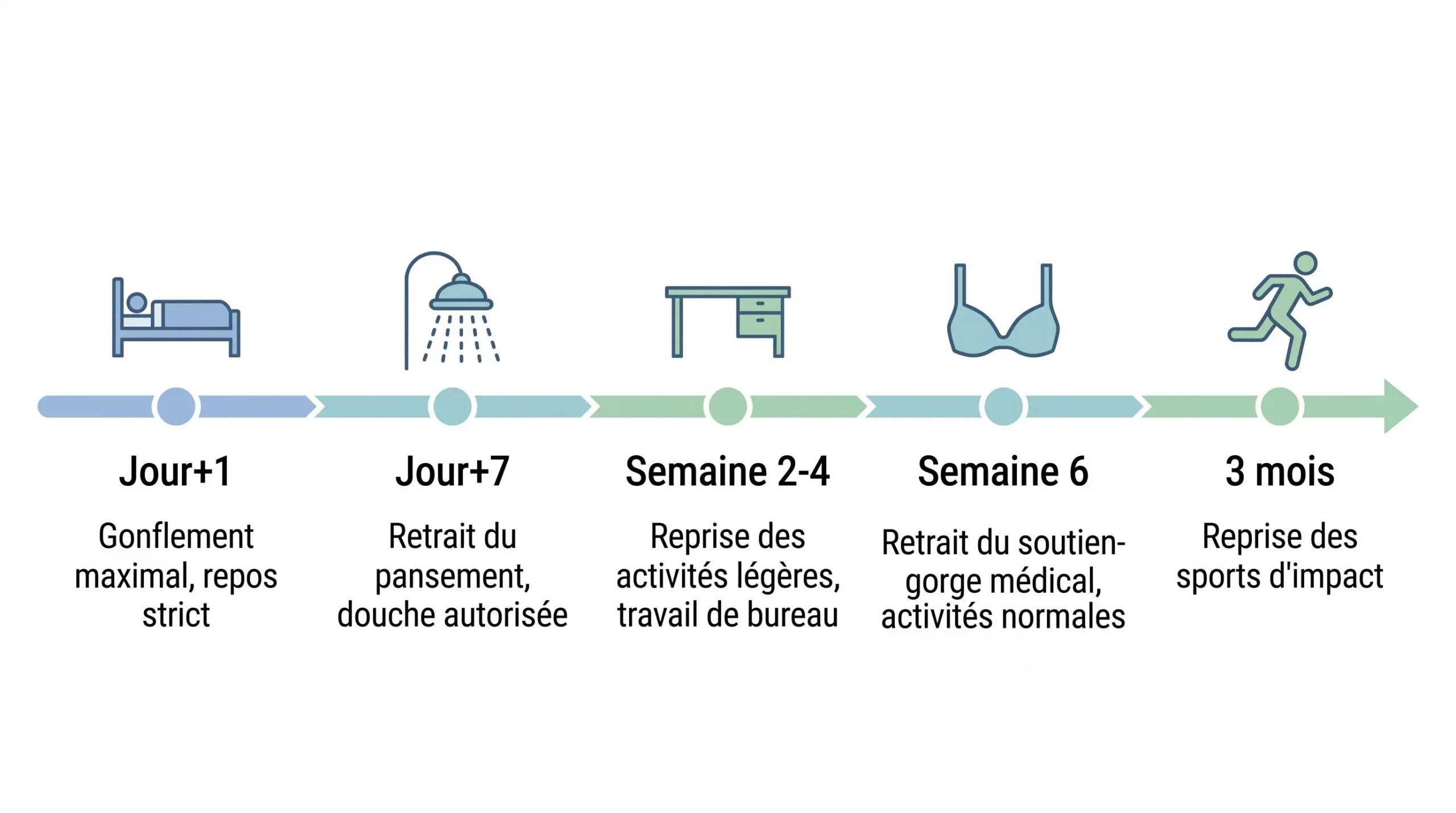 Timeline récupération post-opératoire chirurgie mammaire combinée : jalons de J+1 (repos) à 3 mois (reprise sport) avec pictogrammes et étapes clés